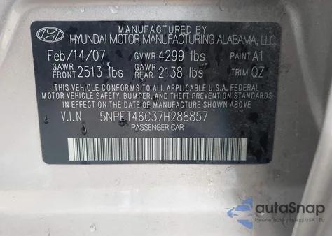 2007 Hyundai Sonata Gls from USA, damaged, VIN 5NPET46C37H288857